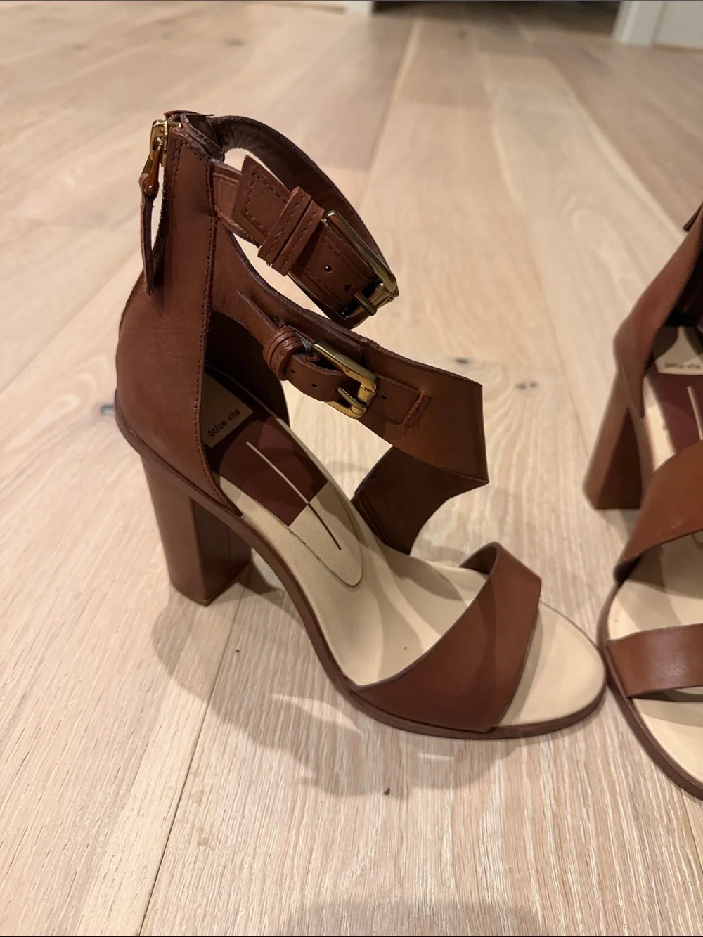 Dolce Vita Cognac Brown Leather Block Heel Sandals